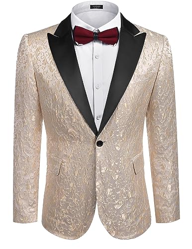 COOFANDY Men's Floral Party Dress Suit Stylish Dinner Jacket Wedding Blazer One Button Tuxdeo, Golden, US XS(Chest 41.3)